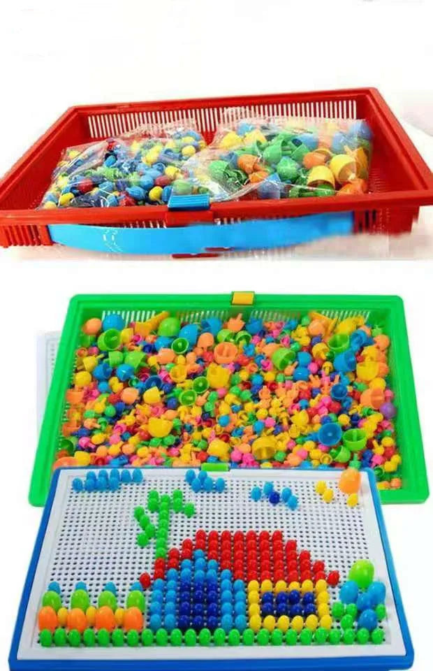 296 PCS/Set Box-Packed Grain Mushroom Nail Beads Intelligent 3D Puzzle Games Jigsaw Board for Children Kids Educational Toys