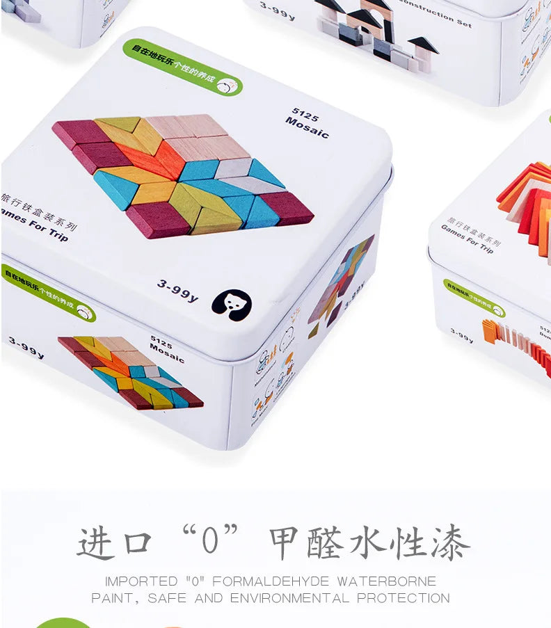 Children Wooden Puzzle Domino Tangram Toys Early Learning Education Intelligence Kids Interactive Game Toys with Retail Box
