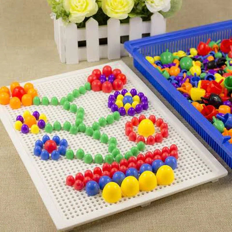 296 PCS/Set Box-Packed Grain Mushroom Nail Beads Intelligent 3D Puzzle Games Jigsaw Board for Children Kids Educational Toys