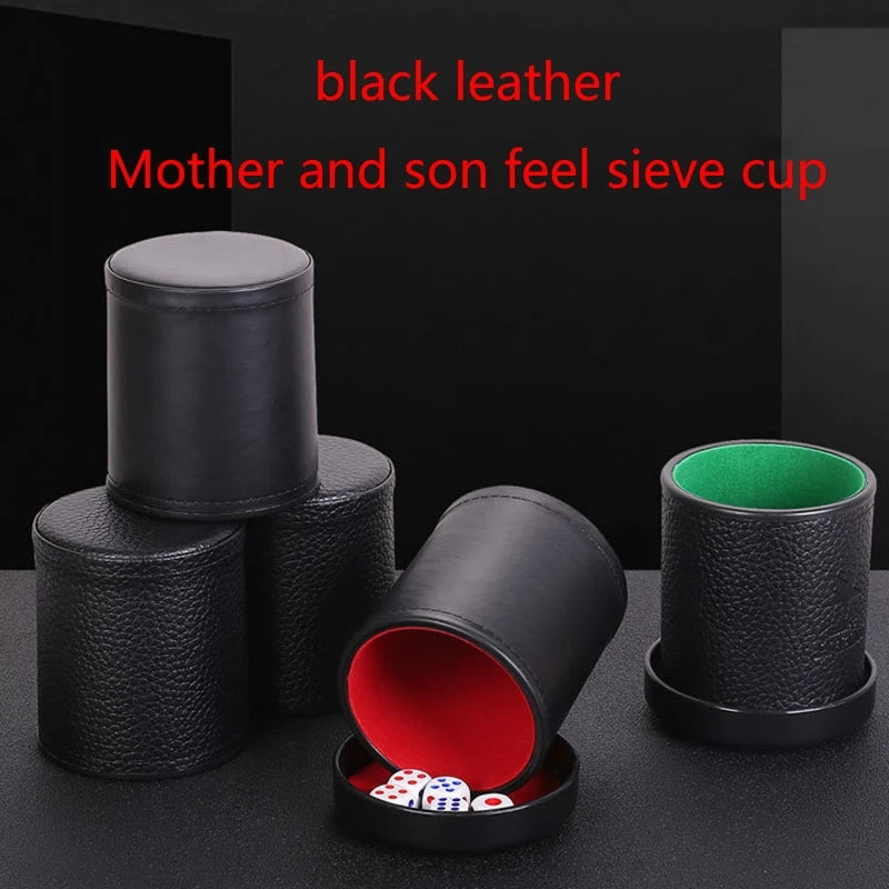 Leather Dice Cup with Lid Green Red Lining Interior Quiet in Shaking for Liars Dice Farkle Yahtzee Board Games, Black