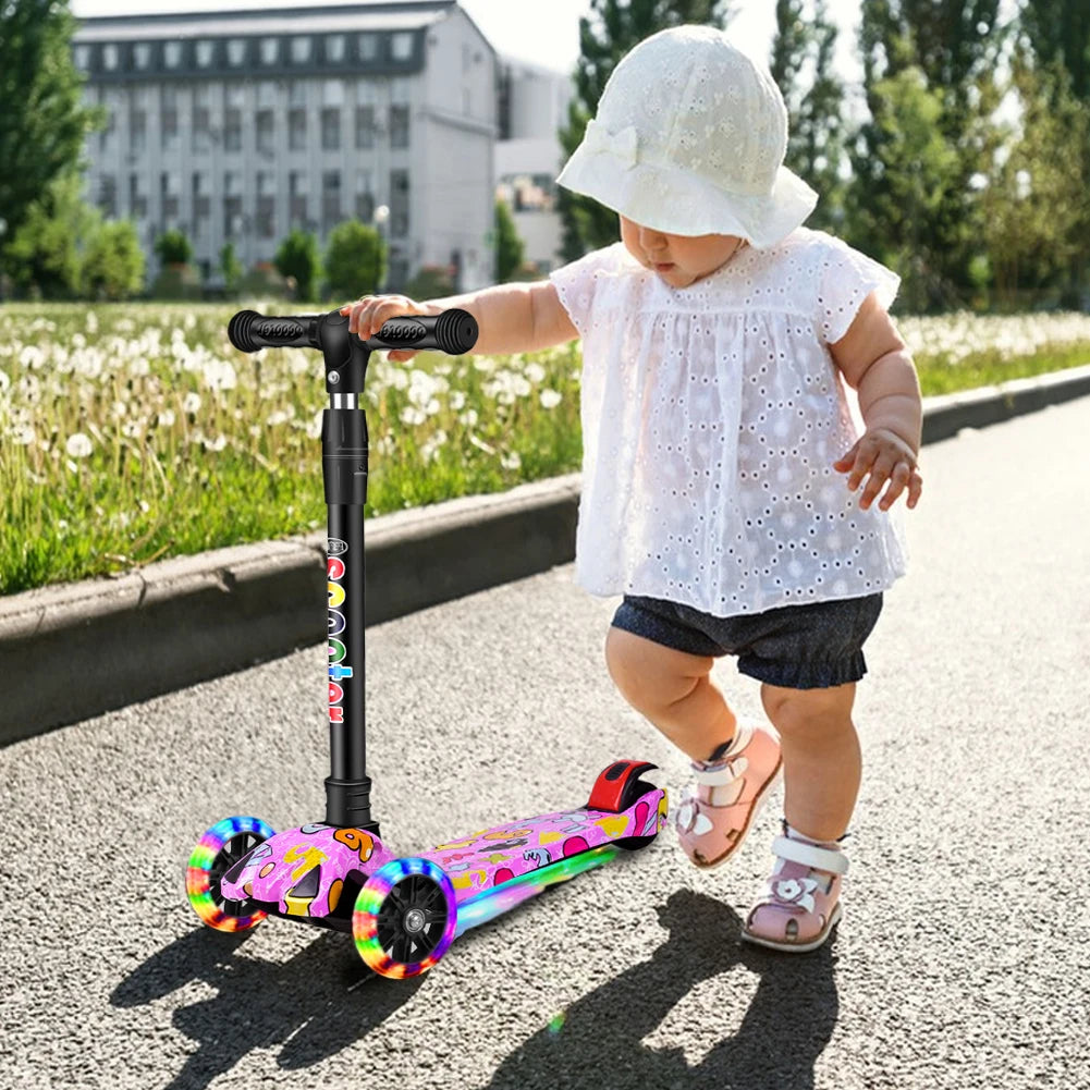 Outdoor Kids Scooter Light-Up Wheels Foldable Child's Kickboard Non-Slip Deck Adjustable Kids Push Scooter Toys for Ages 2-10