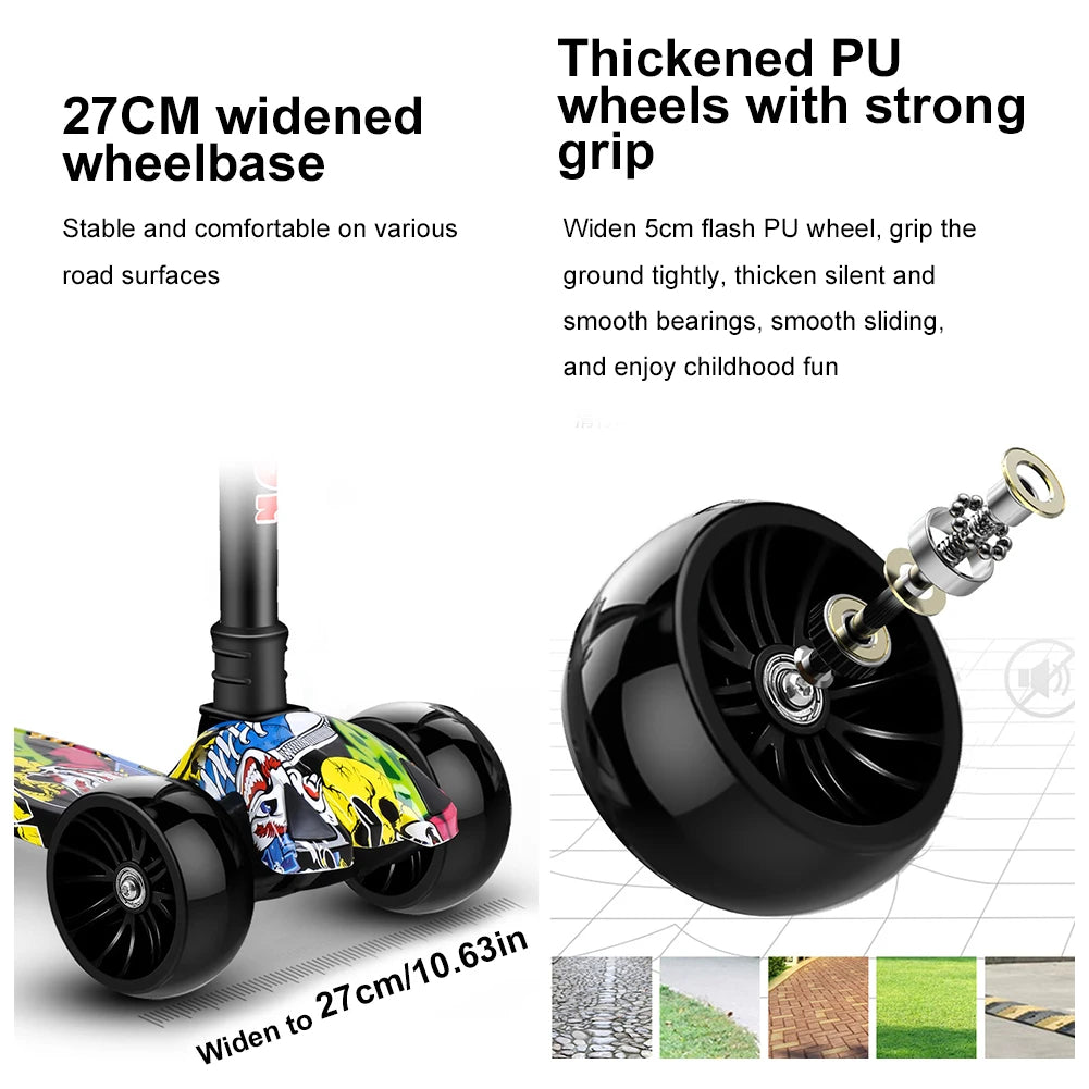 Outdoor Kids Scooter Light-Up Wheels Foldable Child's Kickboard Non-Slip Deck Adjustable Kids Push Scooter Toys for Ages 2-10