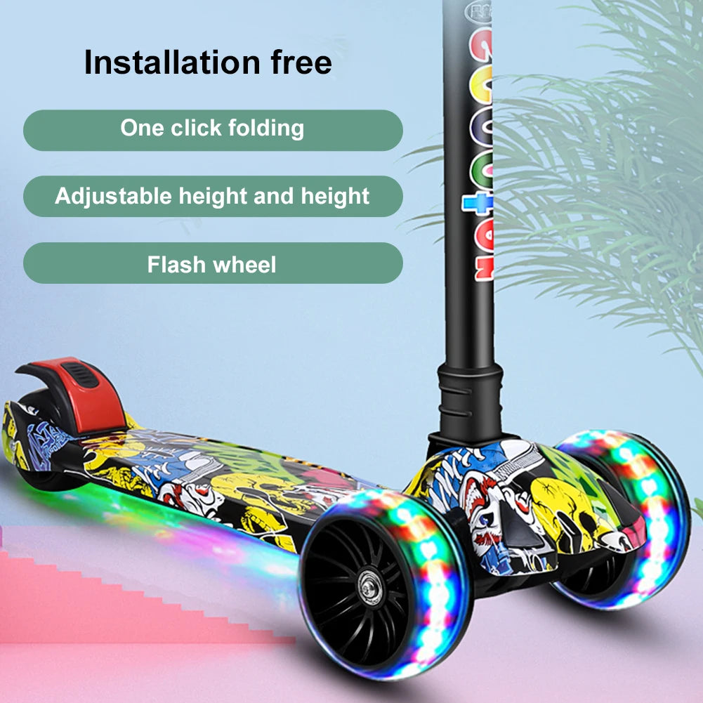 Outdoor Kids Scooter Light-Up Wheels Foldable Child's Kickboard Non-Slip Deck Adjustable Kids Push Scooter Toys for Ages 2-10