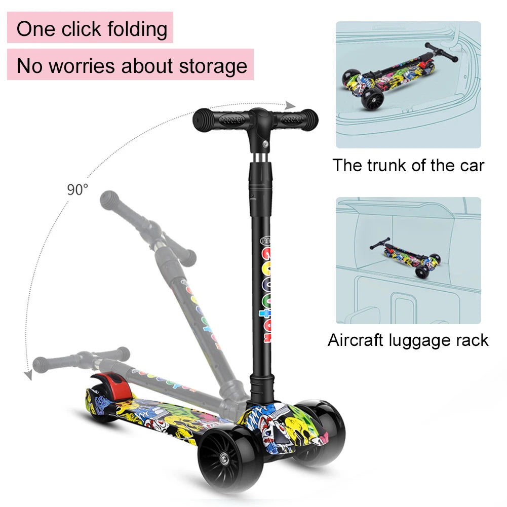 Outdoor Kids Scooter Light-Up Wheels Foldable Child's Kickboard Non-Slip Deck Adjustable Kids Push Scooter Toys for Ages 2-10
